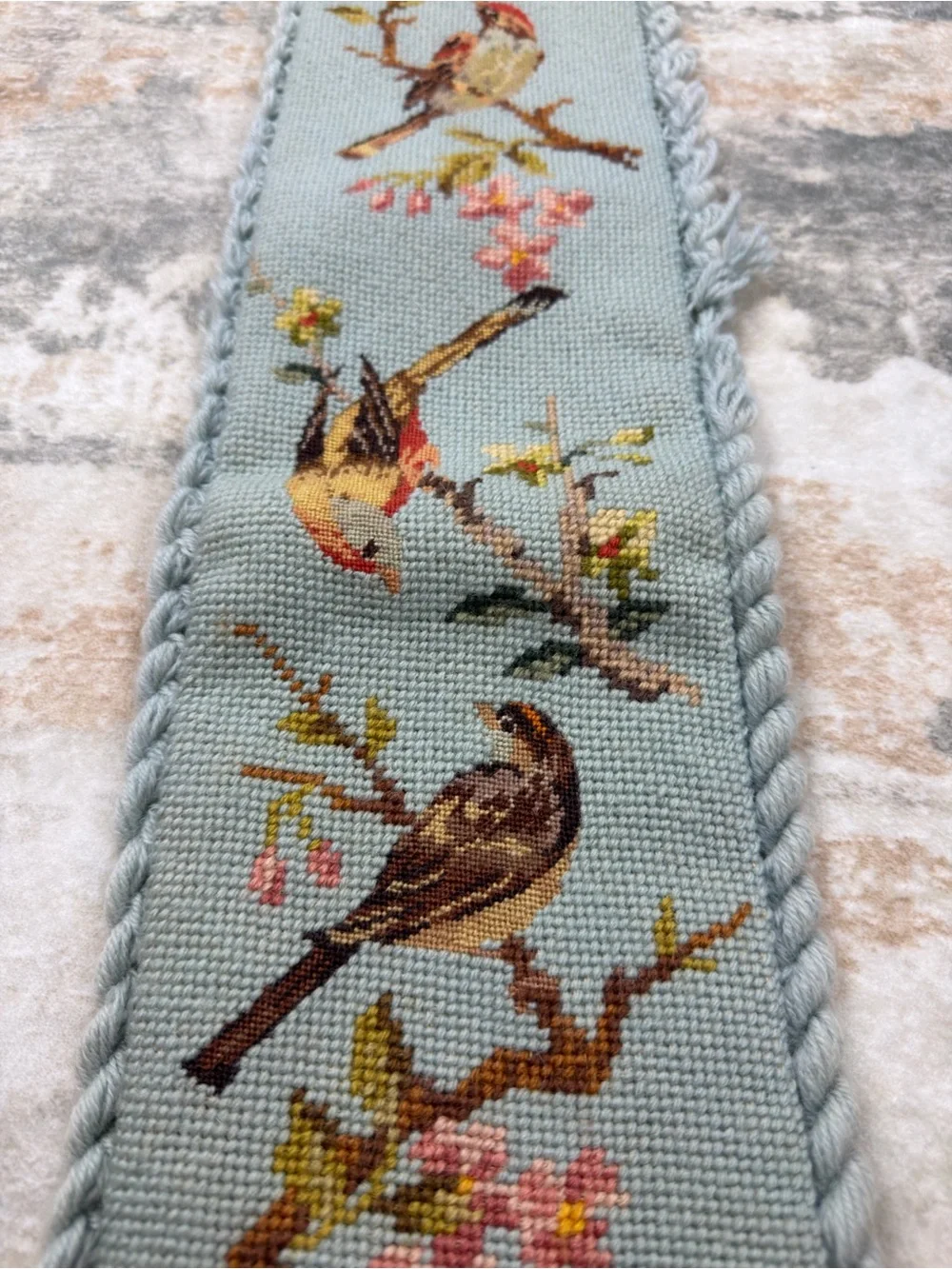 Vintage Needlepoint Bird Wall Hanging Blue Floral Bell Pull Brass Tone Tassel